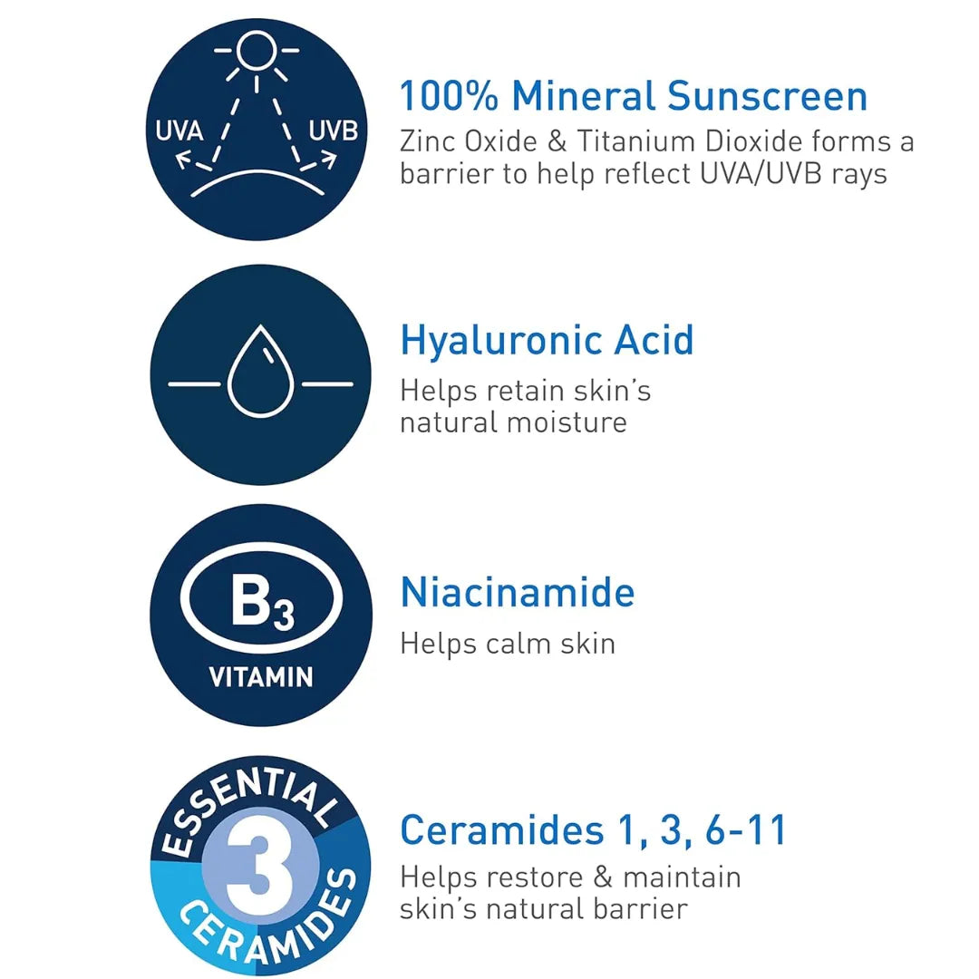 CeraVe 100% Mineral Sunscreen with Zinc Oxide, Titanium Dioxide & Hyaluronic Acid + Niacinamide + Ceramides 75ml Ethix Hub Collection