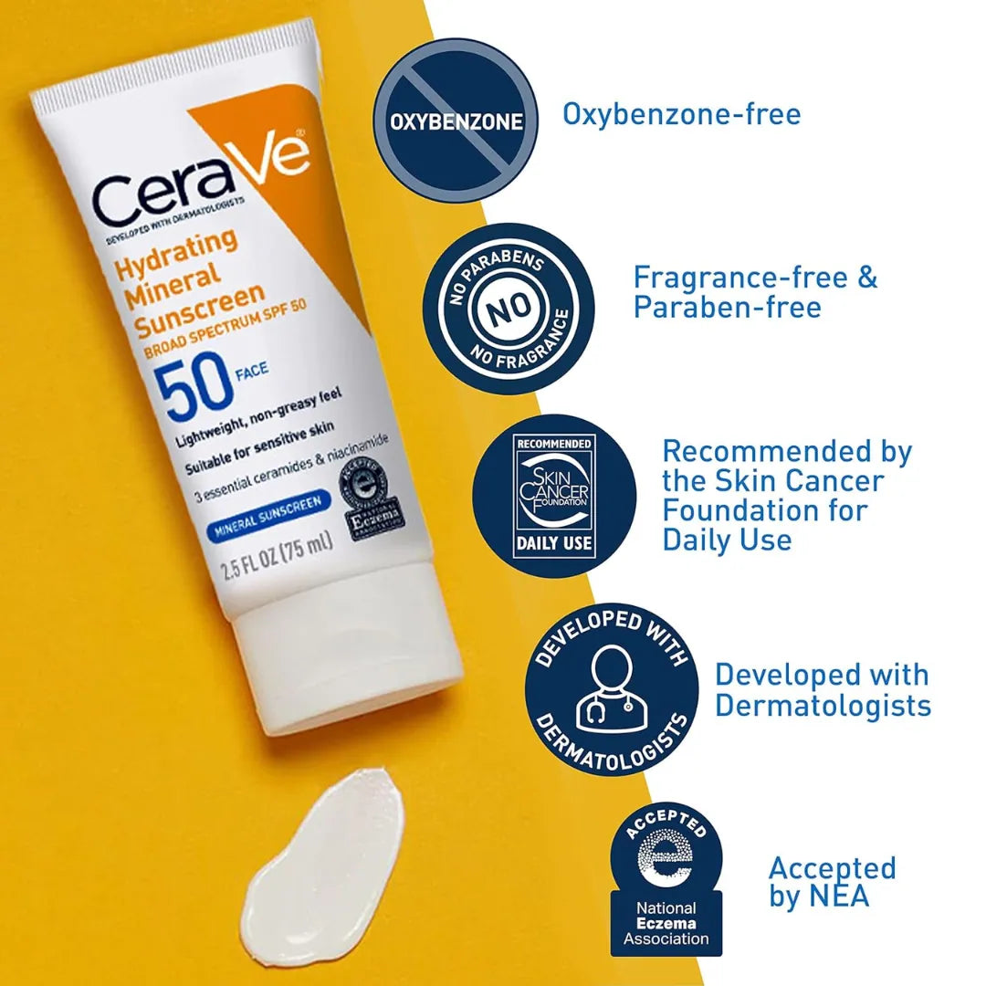 CeraVe 100% Mineral Sunscreen with Zinc Oxide, Titanium Dioxide & Hyaluronic Acid + Niacinamide + Ceramides 75ml Ethix Hub Collection