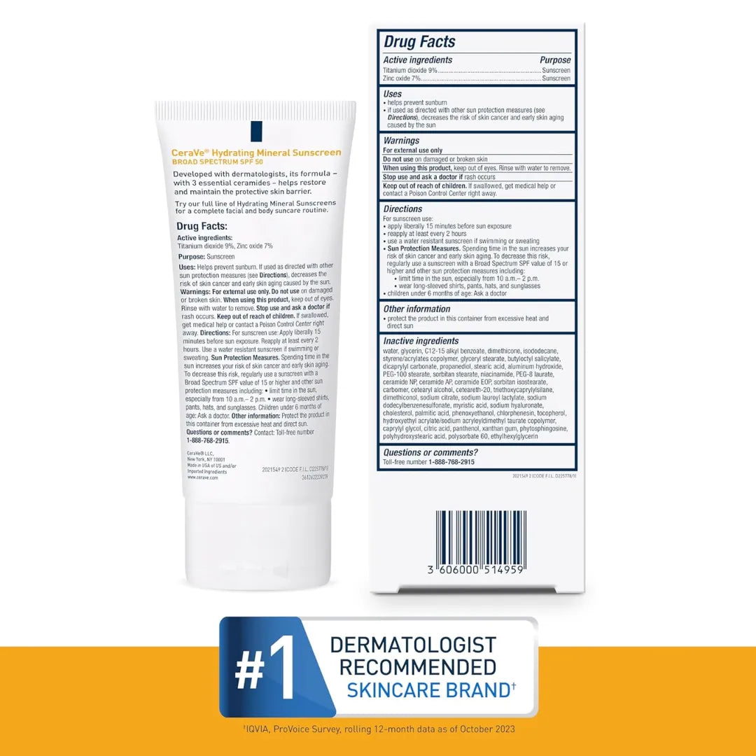 CeraVe 100% Mineral Sunscreen with Zinc Oxide, Titanium Dioxide & Hyaluronic Acid + Niacinamide + Ceramides 75ml Ethix Hub Collection